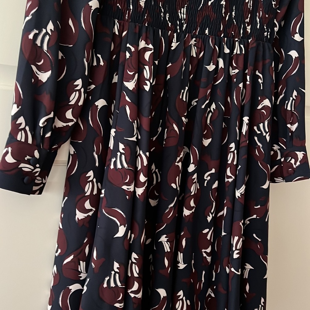 KATE SPADE Navy Smocked Fox Print Long Sleeve Pippa Middleton Shift Dress Sz 4 - Picture 4 of 16